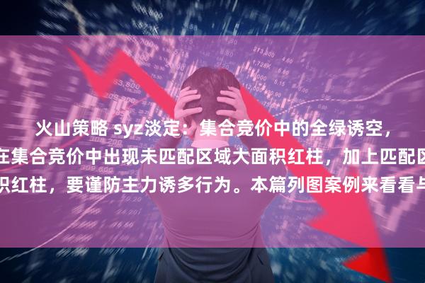 火山策略 syz淡定：集合竞价中的全绿诱空，一定要了解。上篇讲过在集合竞价中出现未匹配区域大面积红柱，加上匹配区域也是大面积红柱，要谨防主力诱多行为。本篇列图案例来看看与之相反的情况。我们知道上方未匹配区